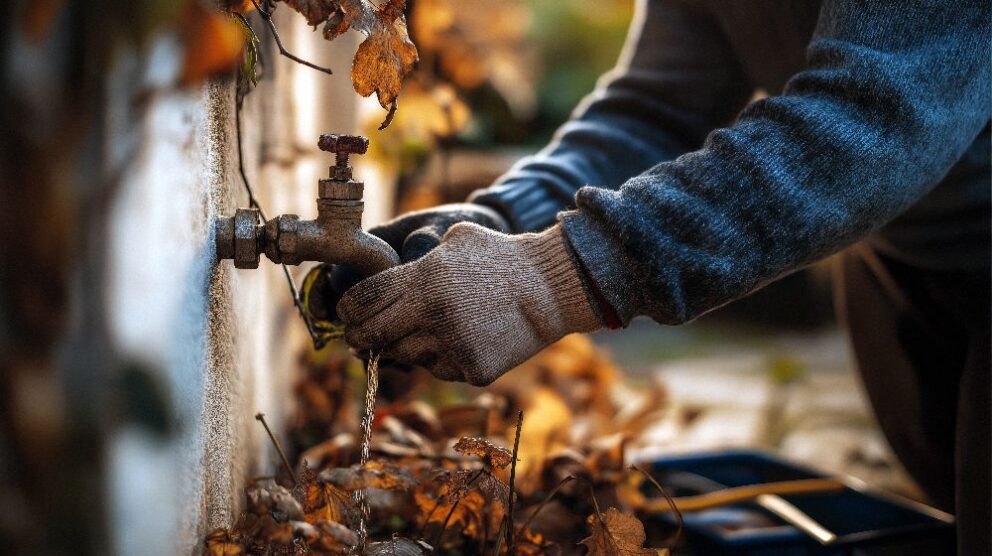 homeowner wrapping an outdoor faucet or installing an insulated cover with fall leaves