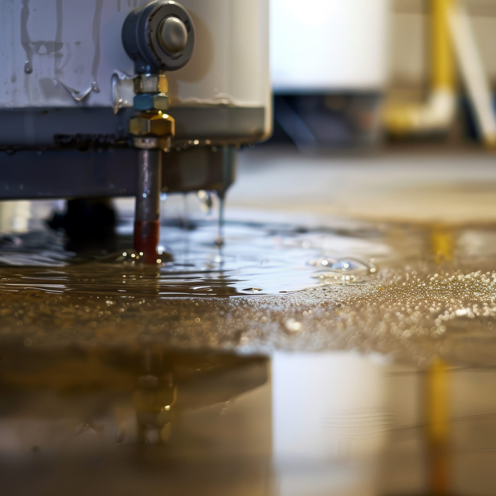 A leak is causing water to accumulate on the floor beneath a water heater in a residential garage. The floor is wet, indicating possible maintenance requirements Leaking water heater