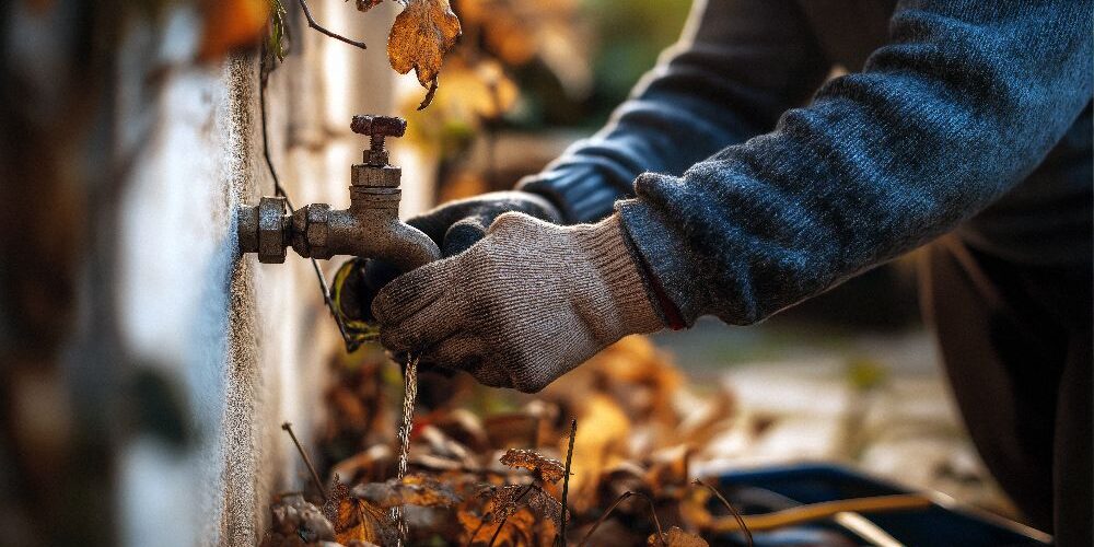 Fall Plumbing Check-Up homeowner wrapping an outdoor faucet or installing an insulated cover with fall leaves